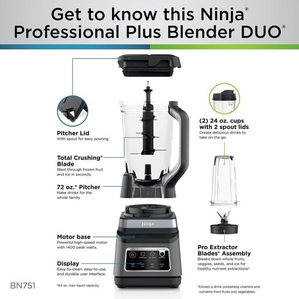 BN801 Professional Plus Kitchen System, 1400 WP, 5 Functions for Smoothies, Chopping, Dough & More with Auto IQ, 72-oz.* Blender Pitcher, 64-oz. Processor Bowl, (2) 24-oz. To-Go Cups, Grey