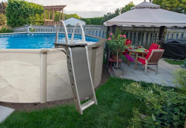 Confer Plastics 7200 Roll Guard 48′′ to 56′′ Adjustable A Frame Safety Ladder for Above Ground Outdoor Patio Swimming Pool Platform Ladder with Step Barrier, Warm Grey...