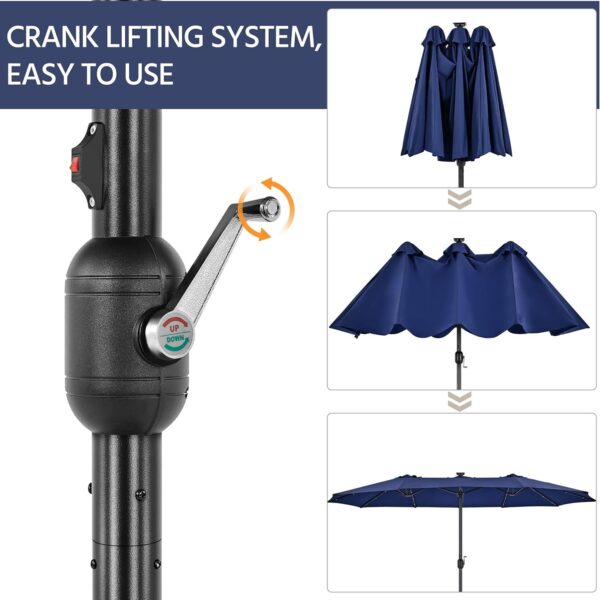 a08a2369292e4160ab2f30eec4171544 15 ft Large Patio Umbrella with Solar Lights Double-Sided Outdoor Rectangle Market Umbrellas with 36 LED Lights/Base Included/Easy Crank for Patio Garden Yard Pool Lawn, Brown