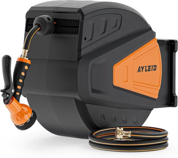 a0c776e3fbcc407b83d08539813e3c31 Ayleid Retractable Garden Hose Reel,1/2 in x 100 ft Wall Mounted Hose Reel, with 9- Function Sprayer Nozzle, Any Length Lock/Slow Return System/Wall Mounted/180°Swivel Bracket (Grey)