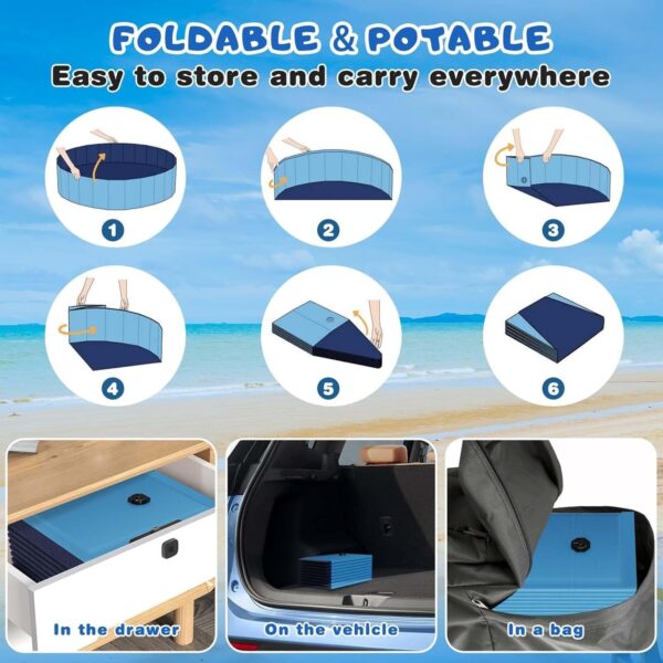 Foldable Dog Swimming Pool, 120′′x20′′ Oversize Collapsable Hard Plastic Potable Bathing Tub for Pet Dog Kiddie Pool Indoor and Outdoor Leakproof PVC Play Pool for Large Dogs Pets Puppy Kids Blue