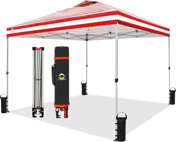 CROWN SHADES 10×10 Pop Up Canopy – Beach Tent with One Push Setup – Easy Outdoor Sun Shade for Events, Parties, Camping – Gazebo with STO-N-Go Cover Bag, Silver Coated Top, White