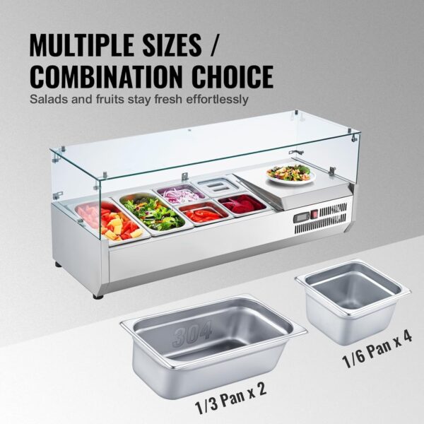 a1ea624ca2ce49c19095aef5a5249f21 Refrigerated Condiment Prep Station, 135 W Countertop Refrigerated Condiment Station, with 2 1/3 Pans & 4 1/6 Pans, 304 Stainless Body and PC Lid, Sandwich Prep Table with Stainless Guard, ETL