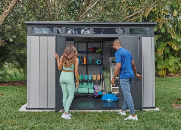 Keter Artisan 11×7 Modern Resin Outdoor Storage Shed Kit-Perfect to Store Patio Furniture, Garden Tools Bike Accessories, Beach Chairs and Lawn Mower, Grey & Black