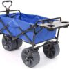 All Terrain Beach Wagon with Side Table|Heavy Duty Collapsible Folding Cart with Large Wheels for Beach Day, Picnic, Camping, Outdoor Activities | Blue/White