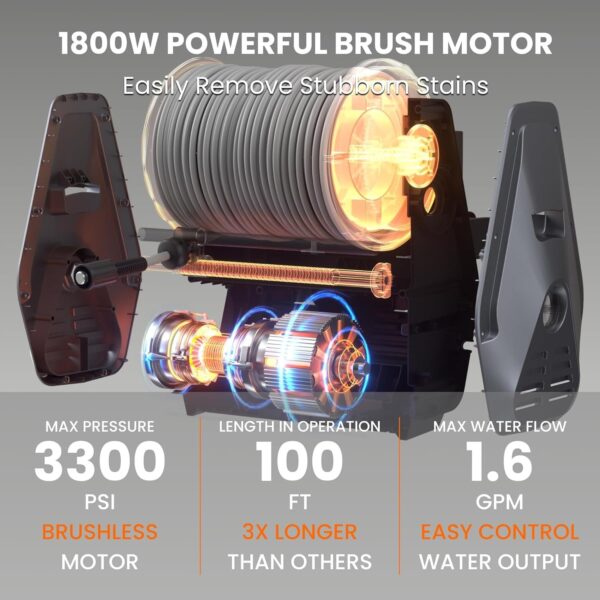 Pressure Washer Pro, Electric Wall Mount Power Washer with 100FT Retractable Pressure Hoses, 3300PSI, 1.6GPM, 4 Nozzles, Foam Cannon for Cars/Patios, Dark Silver