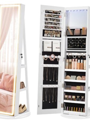 SONGMICS LED Mirror Jewelry Cabinet Standing Jewelry Armoire Organizer Box with Full-Length Mirror and Adjustable LED Lights White