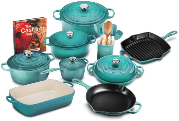 a32d65dec57541aa81a9a3db94f670db 20-piece Signature Cast Iron Cookware Set,10.25 Skillet,1.75-quart Saucepan with Lid