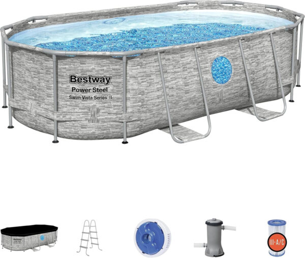 Bestway Oval Above Ground Pool Set (10′ x 6’7′′ x 33′′)| Includes Filter Pump & ChemConnect Dispenser
