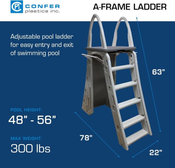 Confer Plastics 7200 Roll Guard 48′′ to 56′′ Adjustable A Frame Safety Ladder for Above Ground Outdoor Patio Swimming Pool Platform Ladder with Step Barrier, Warm Grey...