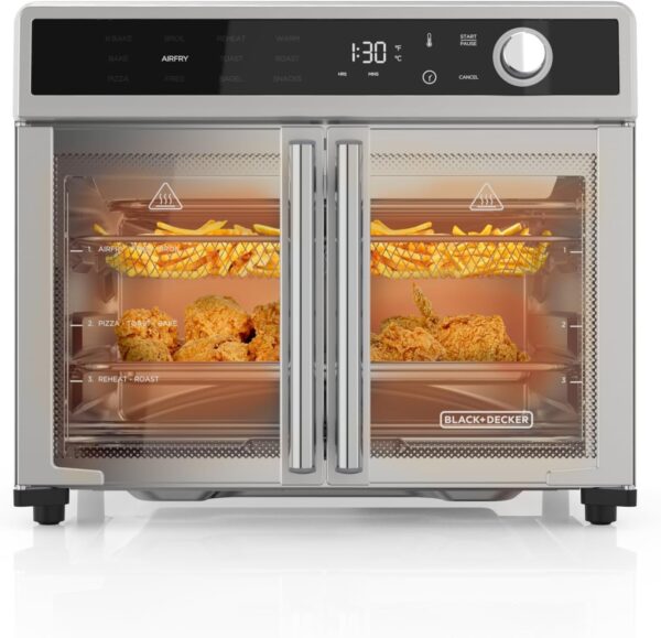 Crisp ‘N Bake Air Fryer Toaster Oven Combo, 12 in 1 Countertop Convection Oven Cooks Food Fast, Fits a Whole Pizza or 6 Toast Slices, French Doors with Stainless Steel Finish