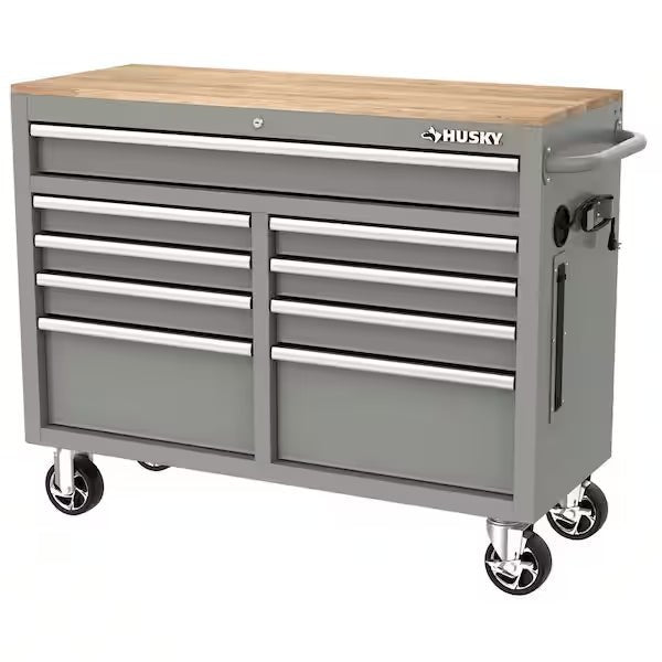 a43960fa31894b189ce507dffced3f27 46 in. W x 24.5 in. D 9-Drawer Gloss Black Deep Tool Chest Mobile Workbench with Hardwood Top and Power Station