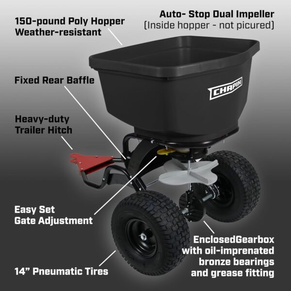 Chapin 8622B Made in The USA 150-Pound Tow and Pull Behind Spreader, Hitch Pins, Black