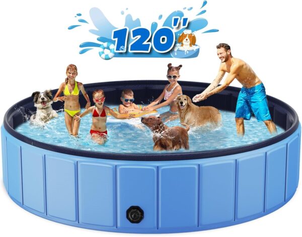Foldable Dog Swimming Pool, 120′′x20′′ Oversize Collapsable Hard Plastic Potable Bathing Tub for Pet Dog Kiddie Pool Indoor and Outdoor Leakproof PVC Play Pool for Large Dogs Pets Puppy Kids Blue