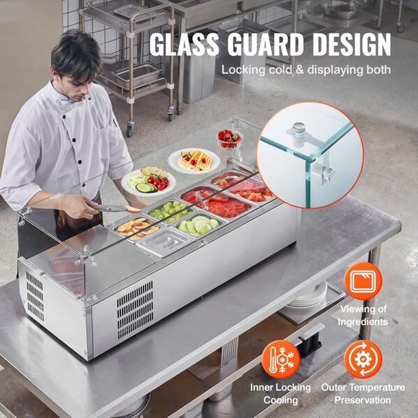 a54cc168647347bda7e65a40f55fe87b Refrigerated Condiment Prep Station, 135 W Countertop Refrigerated Condiment Station, with 2 1/3 Pans & 4 1/6 Pans, 304 Stainless Body and PC Lid, Sandwich Prep Table with Stainless Guard, ETL