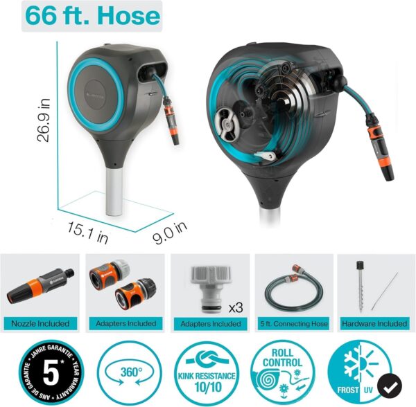 GARDENA (18614-80) 66′ x 1/2′′ Automatic Retractable Garden Hose Reel on Metal Spike, 66′ Outside Garden Hose Length, with 360° Rotation to Reach All Areas of Your Yard