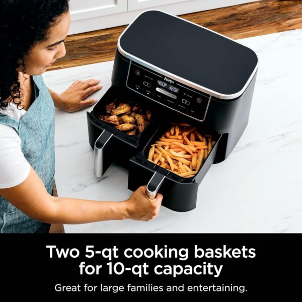 a5dcc61db5b84242a9638fb561fa209c DZ401 Foodi 10 Quart 6-in-1 DualZone XL 2-Basket Air Fryer with 2 Independent Frying Baskets, Match Cook & Smart Finish to Roast, Broil, Dehydrate for Quick, Easy Family-Sized Meals, Grey