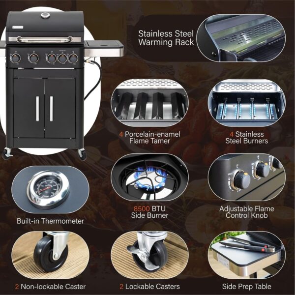 Burner Gas grill with side burner and enameled cast iron grille 42,000BTU outdoor cooking stainless steel propane grill Garden grill