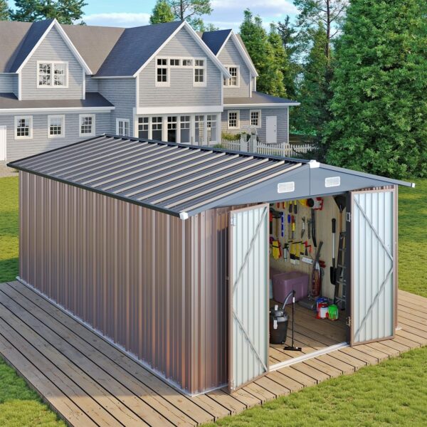 a6e60be1d50e448fb19428dfbf4a232f Aoxun 6.2×4 FT Shed Outdoor Storage Shed Metal Garden Shed with Lockable Doors & Slooping Roof Tool Shed Bike Shed for Backyard, Patio, Poolside (Brown)
