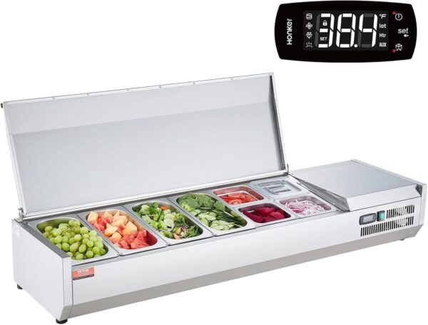 a775ce2a01a445bea7c69fe9d986ebcf Refrigerated Condiment Prep Station, 135 W Countertop Refrigerated Condiment Station, with 2 1/3 Pans & 4 1/6 Pans, 304 Stainless Body and PC Lid, Sandwich Prep Table with Stainless Guard, ETL