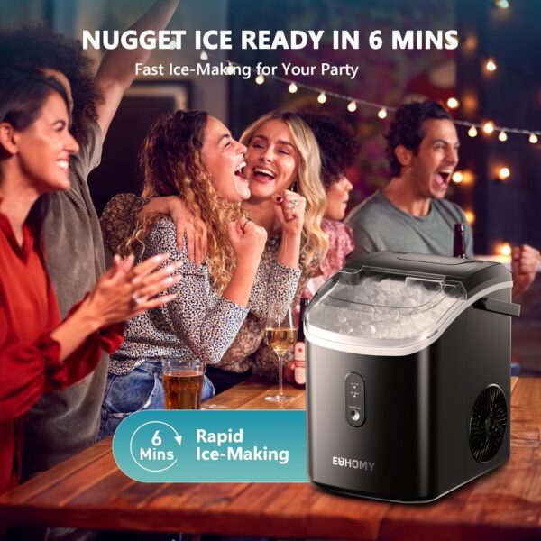 Nugget Ice Maker Countertop with Handle, Ready in 6 Mins, 34lbs Per Day, Removable Top Cover, Auto-Cleaning, Portable Sonic Ice Maker with Basket and Scoop, for Home/Party/RV/Camping (Black)