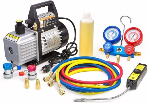 a7f8ab518c6d40cfa00e8b5fb8e094fe Premium 4CFM Air Vacuum Pump HVAC A/C Refrigeration Kit AC Manifold Gauge Case Set R134a Tap w/Leak Detector and Carrying Tote Bag