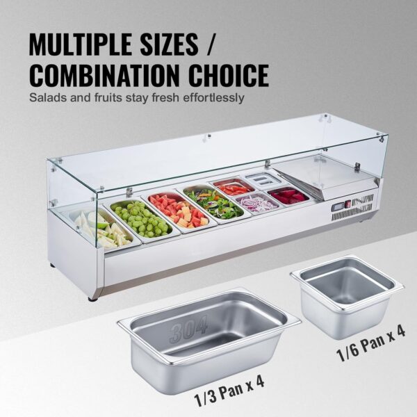 a8306abd02994325b89f56851951196c Refrigerated Condiment Prep Station, 135 W Countertop Refrigerated Condiment Station, with 2 1/3 Pans & 4 1/6 Pans, 304 Stainless Body and PC Lid, Sandwich Prep Table with Stainless Guard, ETL