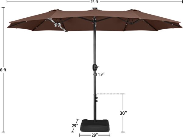 a8aee451f9fd4af4addb1e63cab4b3b4 15 ft Large Patio Umbrella with Solar Lights Double-Sided Outdoor Rectangle Market Umbrellas with 36 LED Lights/Base Included/Easy Crank for Patio Garden Yard Pool Lawn, Brown