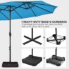 15 ft Large Patio Umbrella with Solar Lights Double-Sided Outdoor Rectangle Market Umbrellas with 36 LED Lights/Base Included/Easy Crank for Patio Garden Yard Pool Lawn, Brown