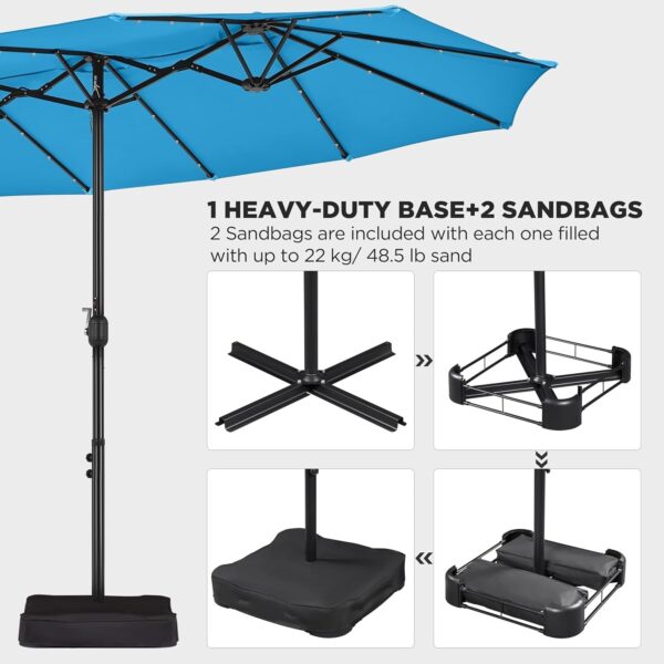 a970f92534ff4f6b9ac82cb20598b96d 15 ft Large Patio Umbrella with Solar Lights Double-Sided Outdoor Rectangle Market Umbrellas with 36 LED Lights/Base Included/Easy Crank for Patio Garden Yard Pool Lawn, Brown