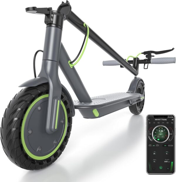 Electric Scooter – 8.5′′ Solid Tires, 350W Motor, Up to 19 MPH and 21-23 Miles Long-Range Portable Foldable Commuting Scooter for Adults with Double Braking System and App