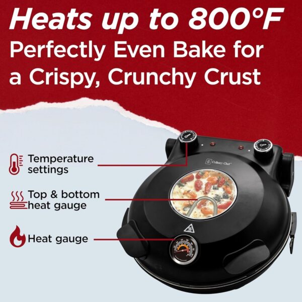 Electric Pizza Oven with Ceramic Stone, Viewing Window, Adjustable Heat Control, Timer and 1200W Baking Power, DIY Homemade Pizzeria, Large 12” Pie Capacity (Black)