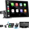 Wireless Apple Carplay Screen for Car 4K Dash Cam, 9′′ Portable Apple Carplay & Android Auto Car Stereo, with 1080p Backup Camera, GPS Navigation/Mirror Link/Voice Control/Bluetooth