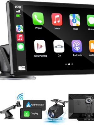 Wireless Apple Carplay Screen for Car 4K Dash Cam, 9′′ Portable Apple Carplay & Android Auto Car Stereo, with 1080p Backup Camera, GPS Navigation/Mirror Link/Voice Control/Bluetooth