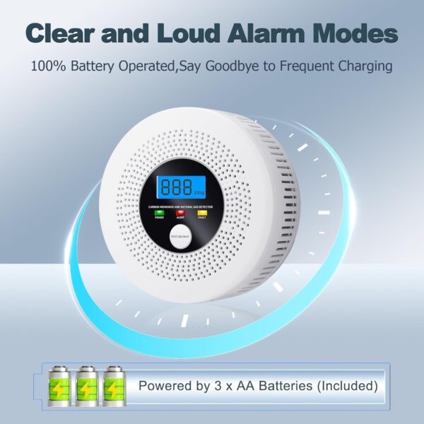 Natural Gas and Carbon Monoxide Detector 100% Battery-Powered CO&CH4 with LED Display and Audible Visual Alerts Methane Leak Sensor for Home RV Kitchen Apartment Safety (Includes Batteries)
