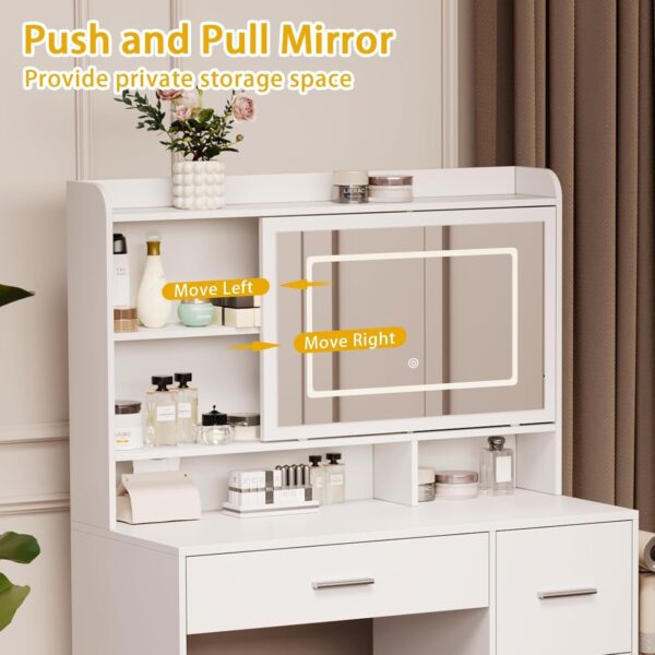 abc1efea76c24e10b8f92c53ccab0b3f Vanity Desk with a Mirror and Lights,with Chair and Four Drawers, Three Adjustable Lighting Modes,with Power Outlet and Sliding LED Mirror,Bedroom Vanity Desk (White)