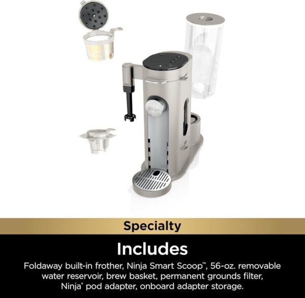 Ninja Pod & Grounds Specialty Single-Serve Coffee Maker, K-Cup Pod Compatible, Brews Grounds, Compact Design, Built-In Milk Frother, 56-oz. Reservoir, 6-oz. Cup to 24-oz. Mug Sizes, Stone, PB051ST