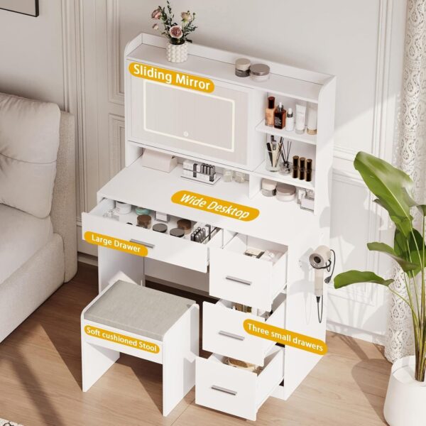 abfa870240b845cca01df1cec9dd2fc1 Vanity Desk with a Mirror and Lights,with Chair and Four Drawers, Three Adjustable Lighting Modes,with Power Outlet and Sliding LED Mirror,Bedroom Vanity Desk (White)