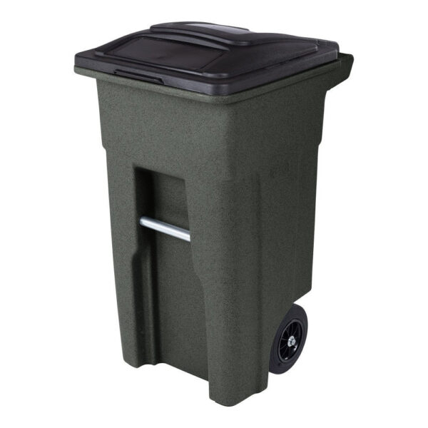 aca86ed6abd34a60b0b626bd48cf590f 32 Gallon Trash Can, Greenstone, Quiet Wheels, Attached Lid, Durable Recycling Bin