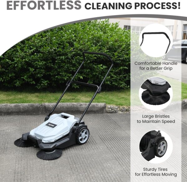 acda964dee0c405ea3ff265d2326d584 Walk-Behind Outdoor Hand Push Floor Sweeper – 5.25 Gallon Capacity – 25.5′′ Sweeping Width – Sweeps up to 27,900 ft2 / Hour, Grey