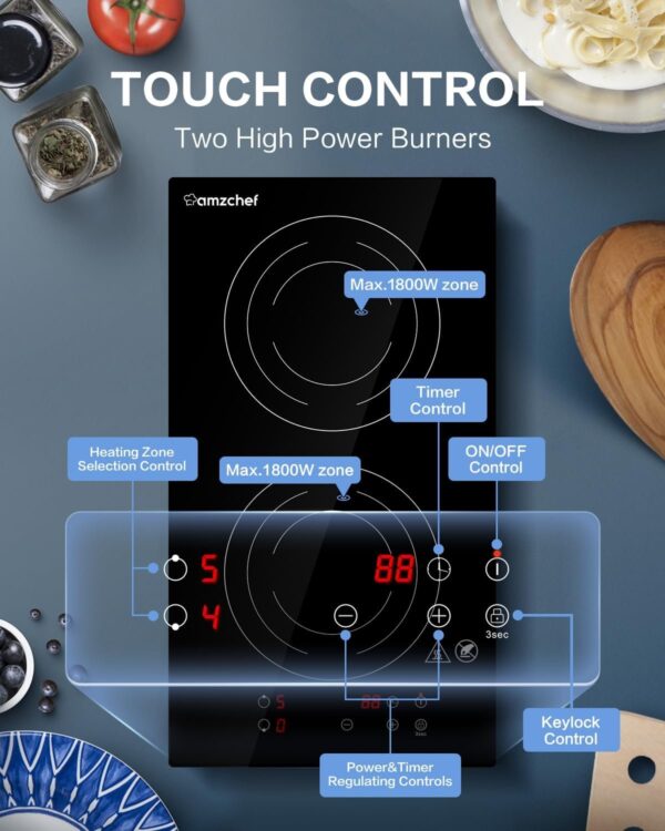 Induction Cooktop 2 Burners, 12 Inch Bulit-in & Countertop Induction Stove with Plug 110V-120V, 9 Power Levels Electric Stove 1800W, Child Lock, Timer, Touch Control for Fast Cooking
