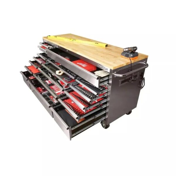 adac3a279a06498d9d100b816598813d 72 in 18-Drawer 24 in. D Mobile Workbench with Solid Wood Top Stainless Steel