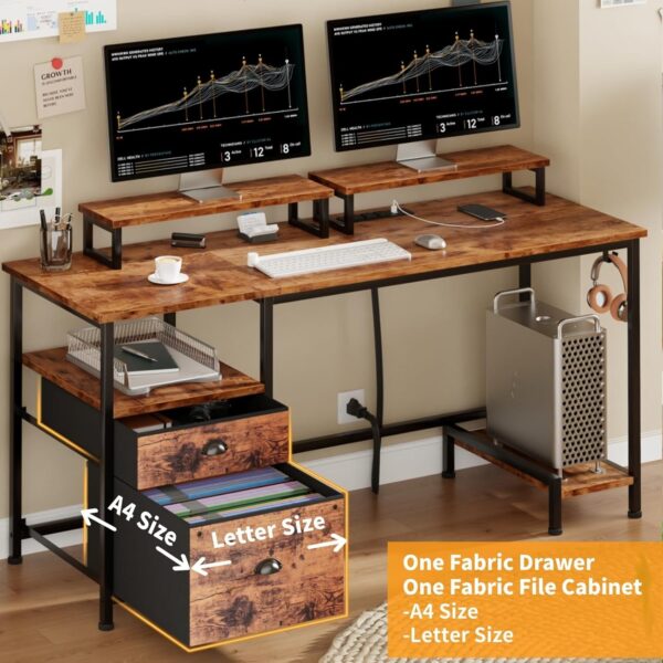 adc73bc5c2574eddb3a2b197093fef39 Furologee Computer Desk with Drawer and Power Outlets, 47′′ Office Desk with 2 Monitor Stands and Fabric File Cabinet, Writing Gaming Table with Shelves and 2 Hooks for Home Office, Rustic Brown