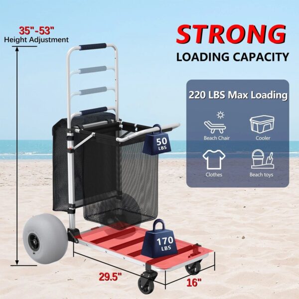 GDLF Foldable Beach Cart with Adjustable Handle and 12′′ Balloon Wheels, Heavy Duty Aluminum 220LBS Capacity