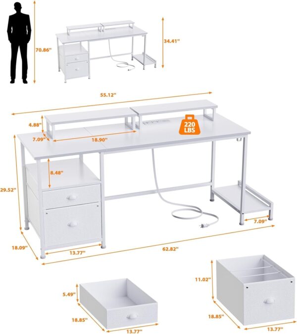 af1448c46acb44bf8d75eaee1060432c Furologee Computer Desk with Drawer and Power Outlets, 47′′ Office Desk with 2 Monitor Stands and Fabric File Cabinet, Writing Gaming Table with Shelves and 2 Hooks for Home Office, Rustic Brown