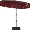 15 ft Large Patio Umbrella with Solar Lights Double-Sided Outdoor Rectangle Market Umbrellas with 36 LED Lights/Base Included/Easy Crank for Patio Garden Yard Pool Lawn, Brown