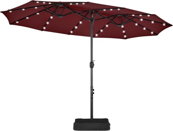 af8dcd92580946b88602df87ab4a4790 15 ft Large Patio Umbrella with Solar Lights Double-Sided Outdoor Rectangle Market Umbrellas with 36 LED Lights/Base Included/Easy Crank for Patio Garden Yard Pool Lawn, Brown
