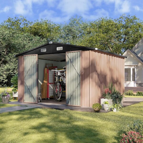 afd12260ac40466da61c98a987ffff9c Aoxun 6.2×4 FT Shed Outdoor Storage Shed Metal Garden Shed with Lockable Doors & Slooping Roof Tool Shed Bike Shed for Backyard, Patio, Poolside (Brown)