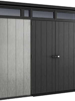 Keter Artisan 11×7 Modern Resin Outdoor Storage Shed Kit-Perfect to Store Patio Furniture, Garden Tools Bike Accessories, Beach Chairs and Lawn Mower, Grey & Black
