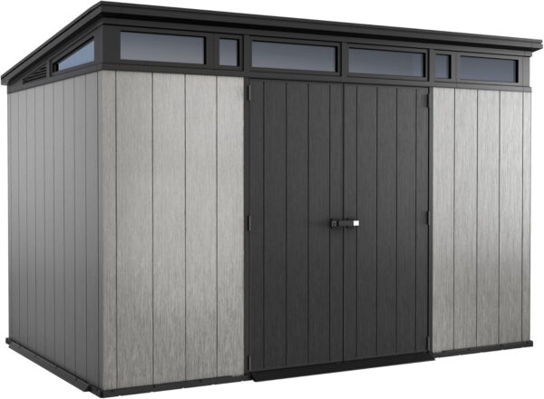 Keter Artisan 11×7 Modern Resin Outdoor Storage Shed Kit-Perfect to Store Patio Furniture, Garden Tools Bike Accessories, Beach Chairs and Lawn Mower, Grey & Black